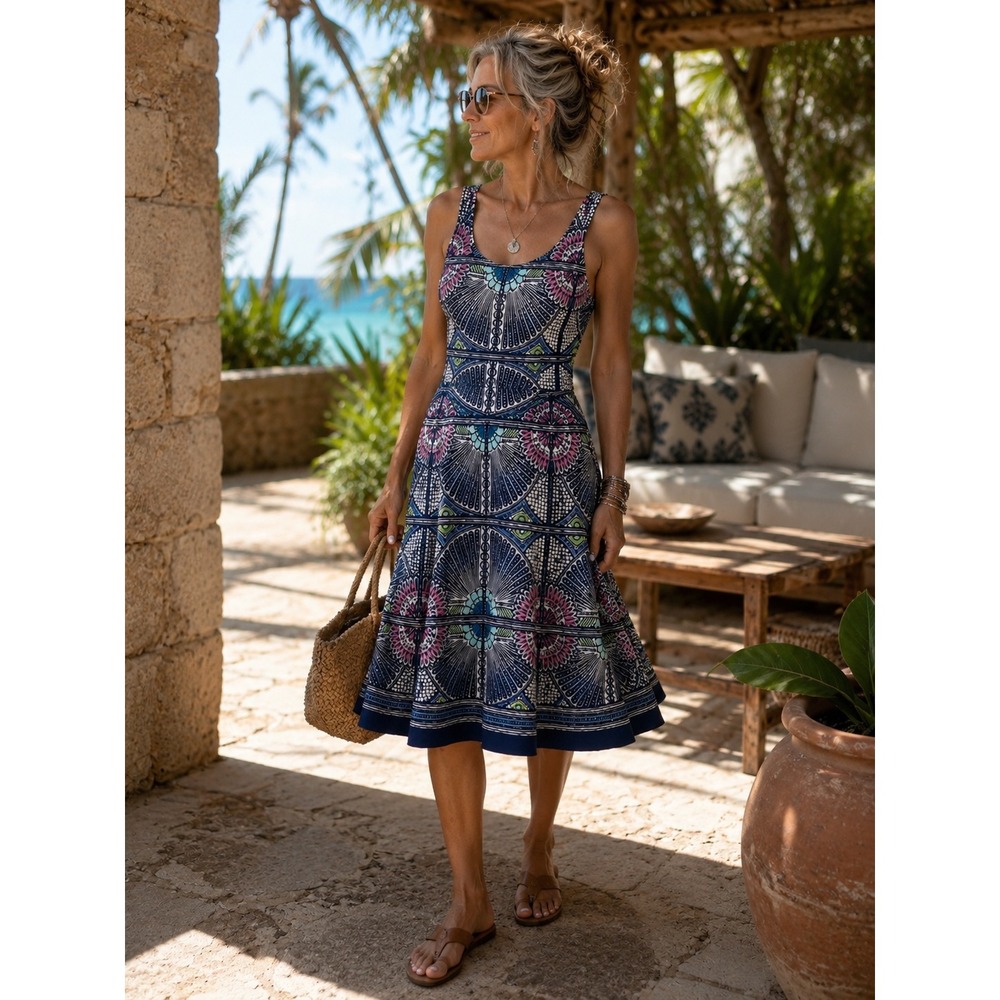 Tommy Bahama L Sun Dress Blue Pink Geometric Medallion TW619268